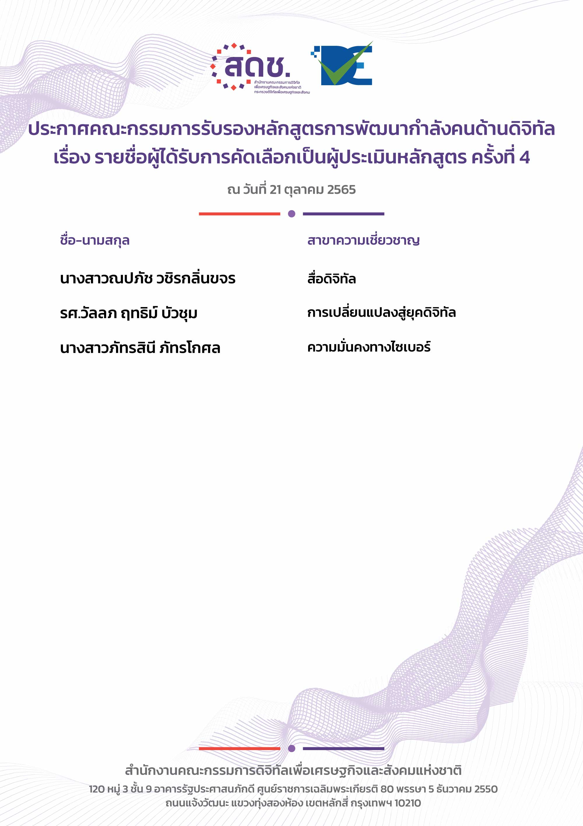 ประกาศรายชื่อผู้ที่ได้รับการคัดเลือกเป็นผู้ประเมินหลักสูตร ครั้งที่ 4